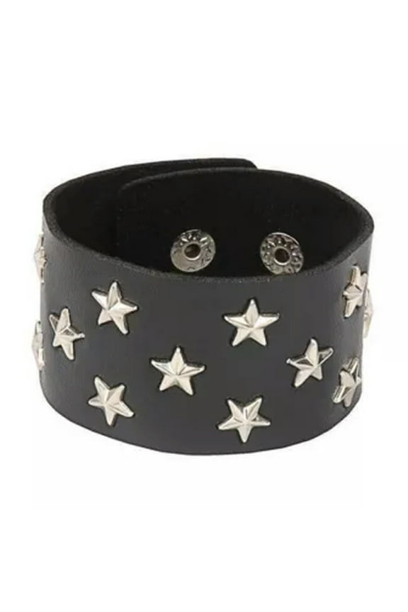 Men Women Spike Studded Rivet Bracelet Punk Goth Biker Wide Leather Wristband-Stars 21cm