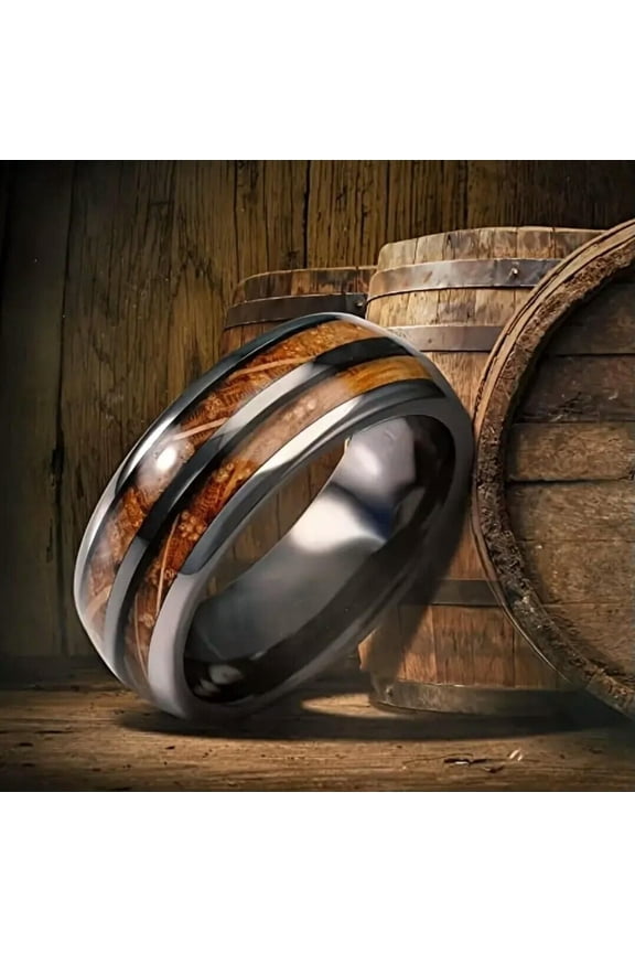 Men's Barrel Gun Gray Stainless Steel Ring Wood Grain Inlay Wooden Wedding - 13