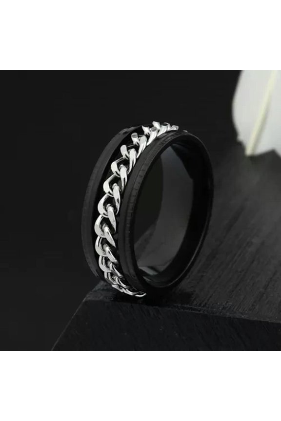 Men's Black Silver Miami Cuban Link Wide Band Ring Punk Delicate Jewelry Stainless Steel-9