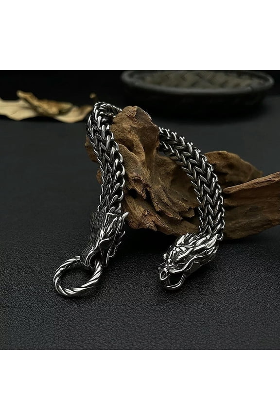 Men's Dragon Viking Stainless Steel Woven Mesh Chain Cuff Bracelet Punk Jewelry
