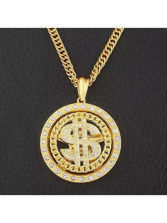 Men's Gold Large CZ Dollar Pendant Necklace Punk Hip Hop Delicate Jewelry Chain 28" Gift