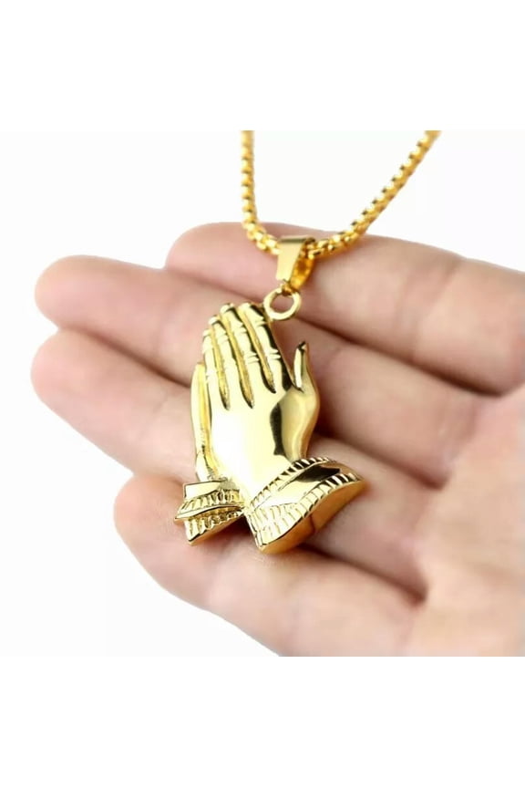 Men's Gold Praying Hands Pendant Necklace Lord's Prayer Delicate Jewelry Chain 24" Gift