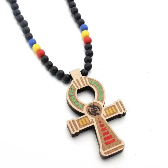 GKNET Men's Large Egyptian Ankh Cross Pedant Necklace Wooden Delicate Jewelry Ball Chain 35"
