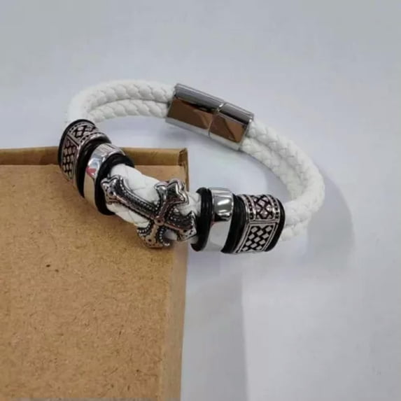GKNET Men's Leather Braided Silver Bracelet Wristband Stainless Steel Wrist Bangle-Inner ring175(Straighten the w...-White