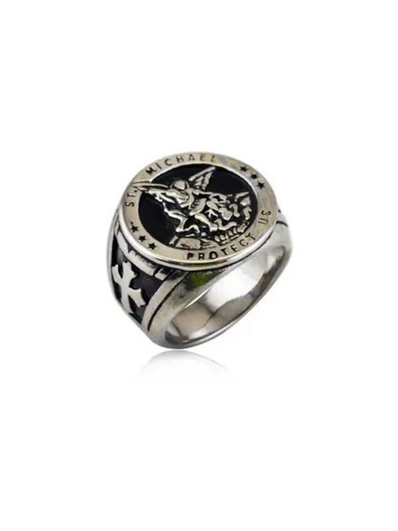Men's Popular Fashion Saint Michael Stainless Steel Cross Knight Rings Size 7-13-11-Silver