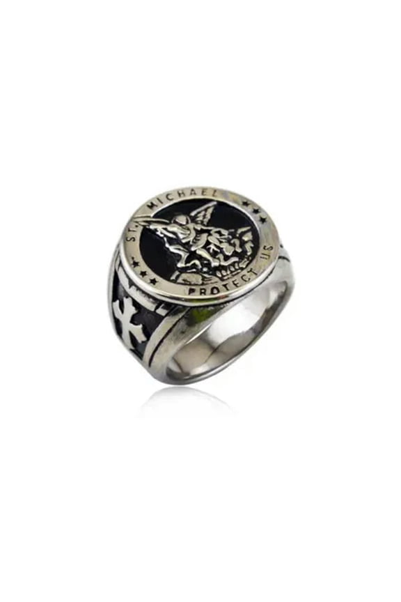 Men's Popular Fashion Saint Michael Stainless Steel Cross Knight Rings Size 7-13-13-Silver