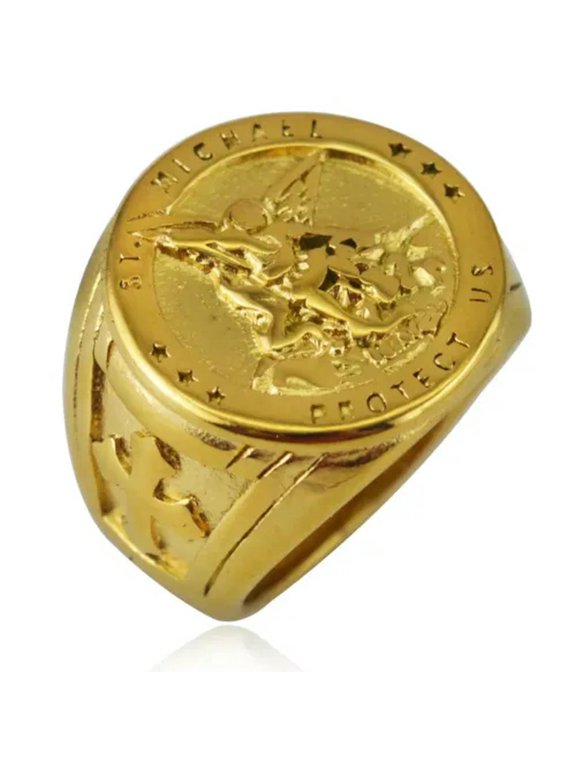 Men's Popular Fashion Saint Michael Stainless Steel Cross Knight Rings Size 7-13-7-Gold