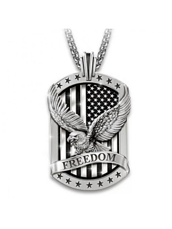 Men's Silver Bald Eagle w. American Flag Pendant Necklace Punk Biker Delicate Jewelry 24"