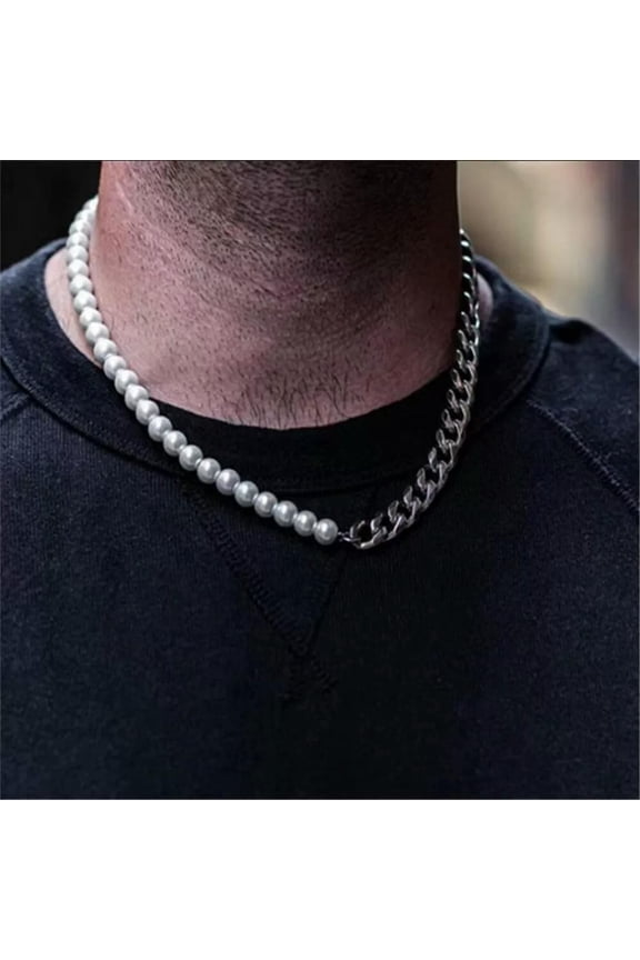 Men's Silver Pearl Cuban Link Chain Necklace Punk Biker Delicate Jewelry Stainless Steel