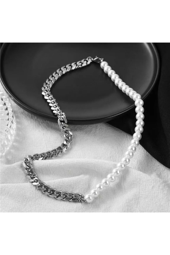 Men's Silver Pearl Cuban Link Chain Punk Rock Biker Necklace Stainless Steel 18"