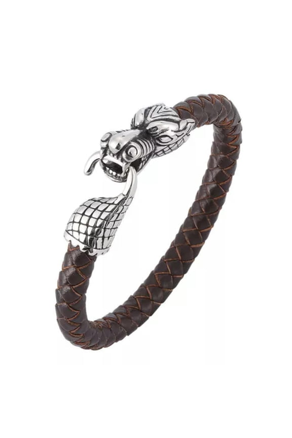 Men's Stainless Steel Dragon Head Woven Leather Rope Leading Bracelet Bangle