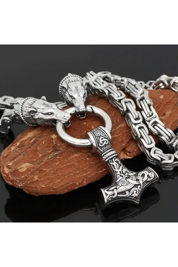 Men's Stainless Steel Viking Bear Head Thor Hammer Emperor Pendant Necklaces-50cm