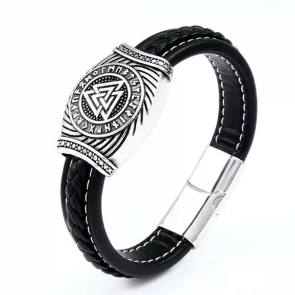 GKNET Mens 18-24CM Stainless Steel Nordic Viking Valknut Amulet Leather Bracelet Cuff-24CM