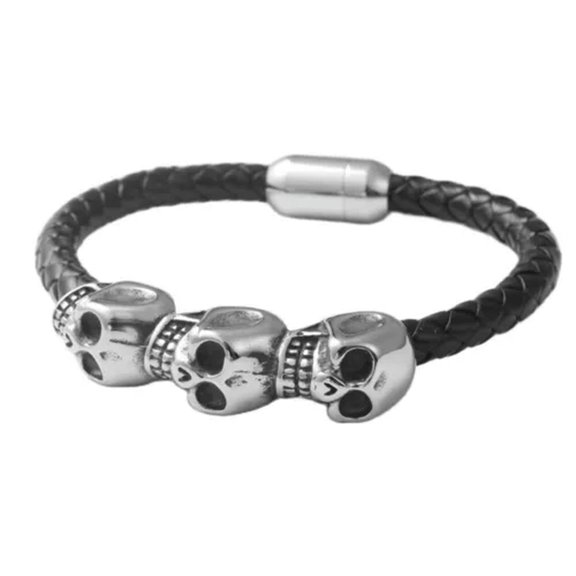 GKNET Mens 8 Inch Stainless Steel Biker Punk Black Skull Leather Bracelet Men-3 Skull Head
