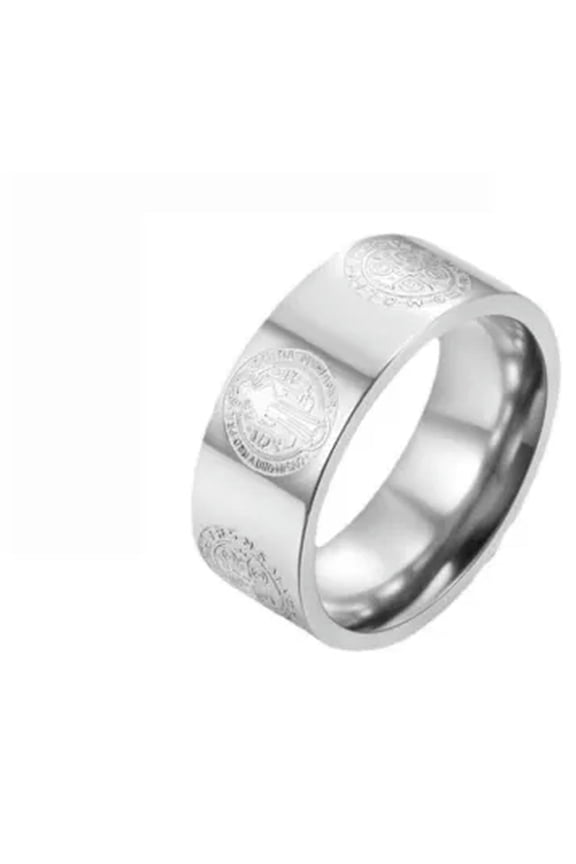 Mens 8mm Stainless Steel Relief Catholic St Saint Benedict Exorcism Cross Ring