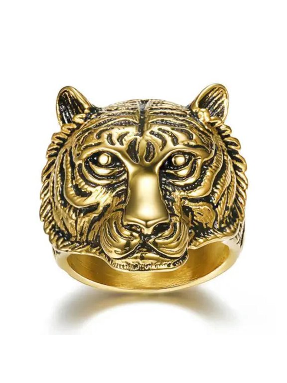 Mens Animal Beast Tiger Head Ring For Men Stainless Steel Size 7-15-10-Gold