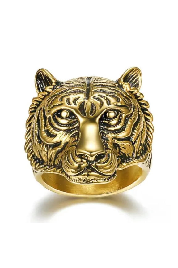 Mens Animal Beast Tiger Head Ring For Men Stainless Steel Size 7-15-8-Gold