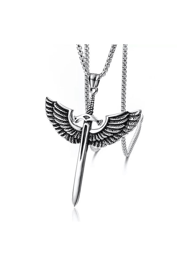 Mens Archangel Michael Angel Wing Sword Necklace Pendant Stainless Steel-default