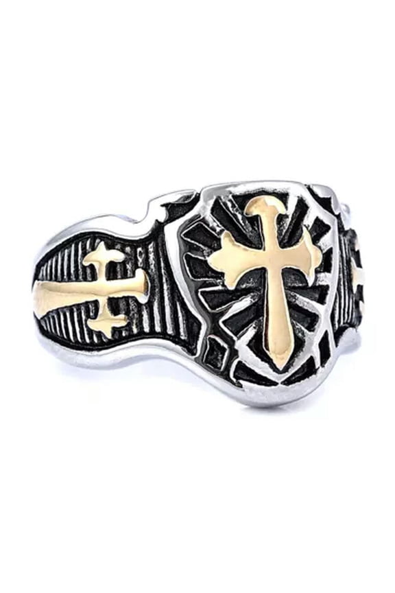Mens Christian Knights Templar Biker Cross Ring Stainless Steel Size 7-14-7-Gold