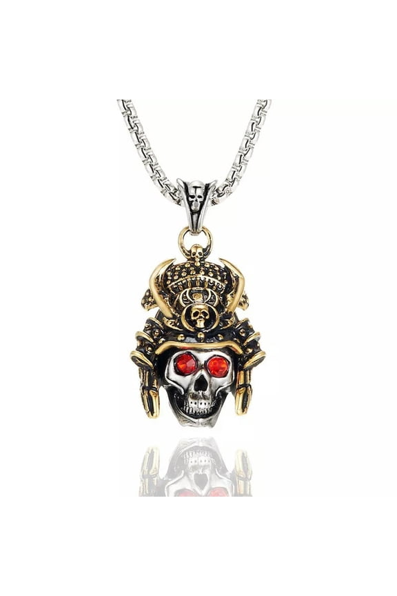 Mens Cool Japanese Samurai Gold Skull Pendant Necklace Stainless Steel
