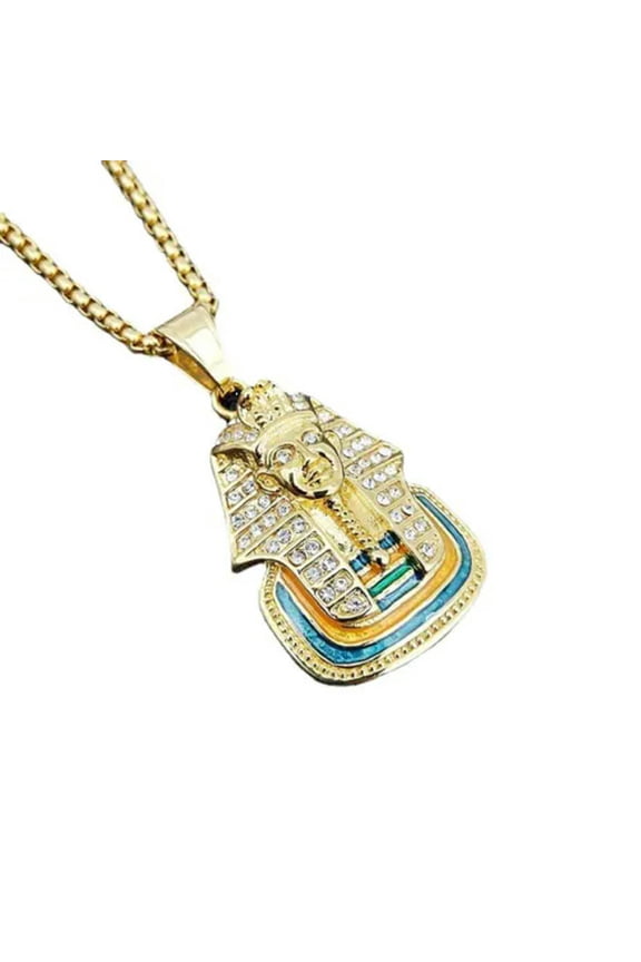 Mens Egypt Egyptian CZ Hip Hop Pharaoh Pendant Necklace Chain-Gold