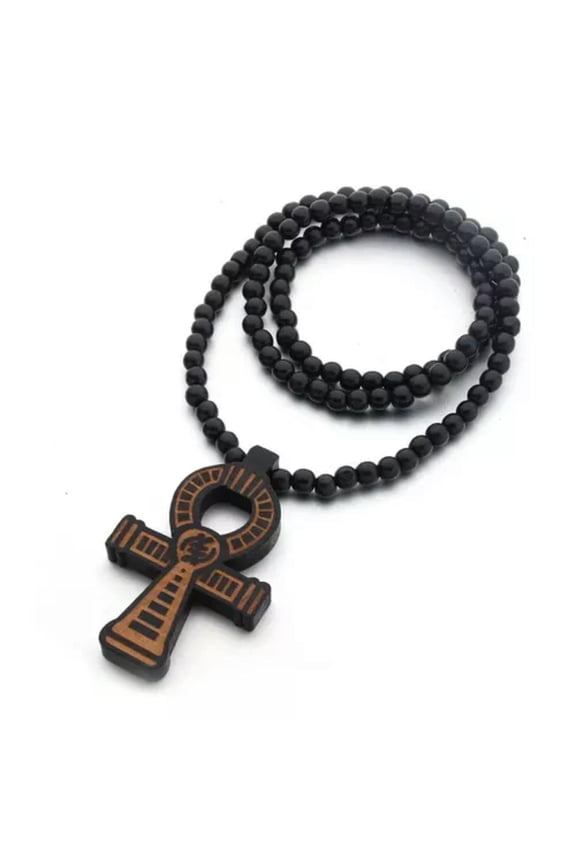 Mens Egyptian Ankh Cross Wood Pedant Punk Hip Hop Necklace Wooden Ball Chain 35"-Coffee w. Black (E)