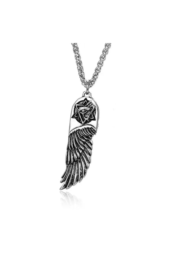 Mens Egyptian Eye of Horus Angel Wing Pendant Necklace Stainless Steel-Silver