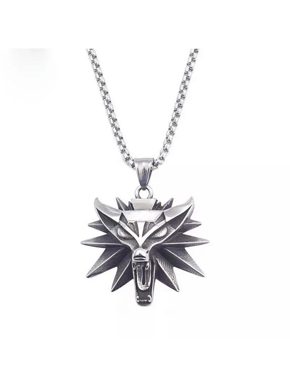 Mens Fashion Viking Fenrir Wolf Head Pendant Necklace Stainless Steel Set-default