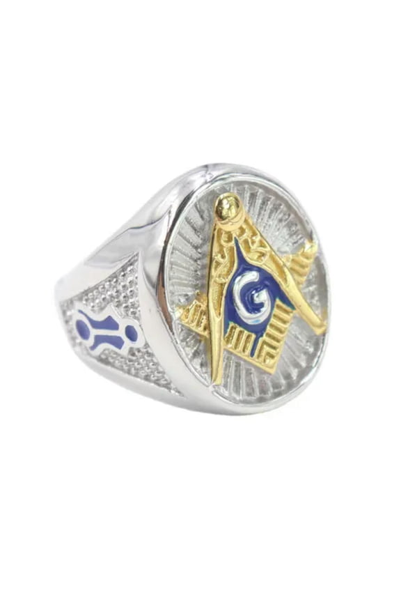 Mens Freemason Masonic Blue Adhesive Ring for Men Stainless Steel Size 7-15
