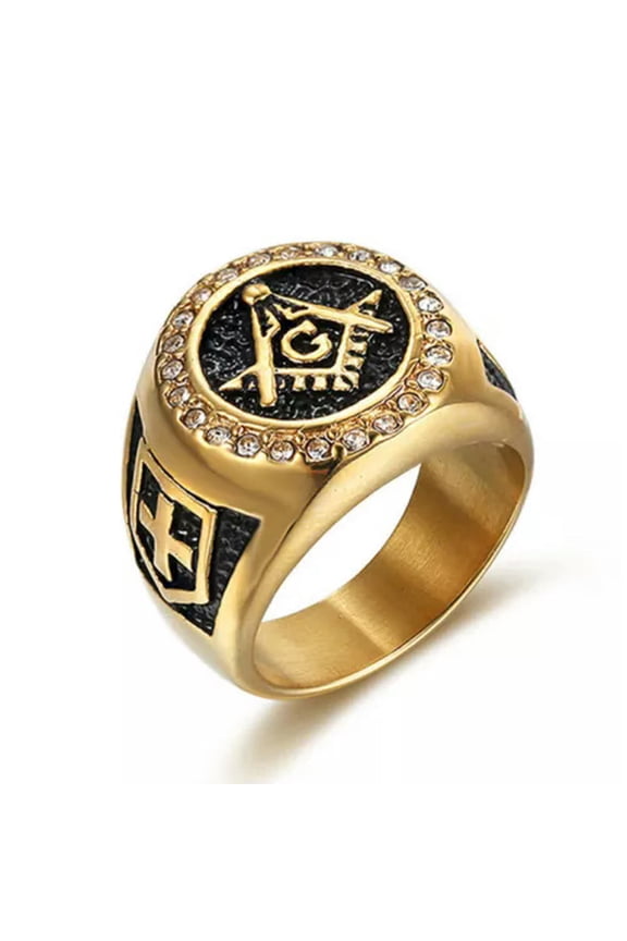 Mens Gold Freemason Masonic CZ Ring for Men Stainless Steel Size 7-15