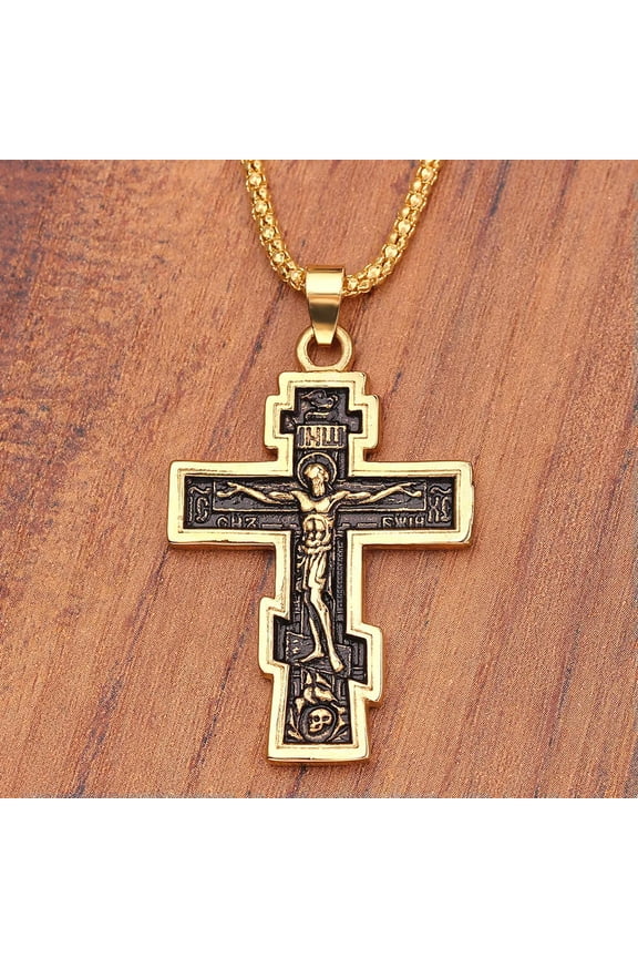 Mens Gold Russian Orthodox Cross Pendant Necklace Stainless Steel Rope Chain 24"
