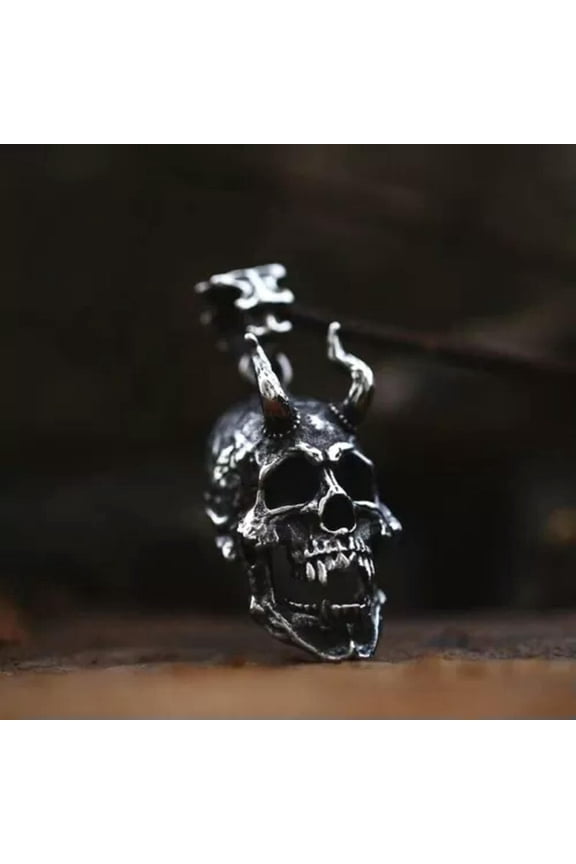Mens Gothic Punk Silver Skull / Cross / Spear Pendant Necklace Stainless Steel-Style 2: Skull w. Horns