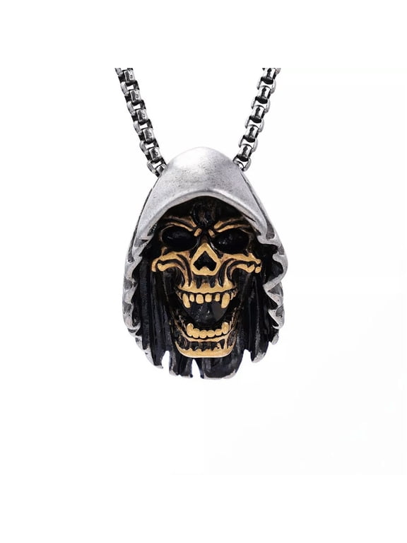 Mens Gothic Stainless Steel Cap Death Skull Grim Reaper Pendant Necklace