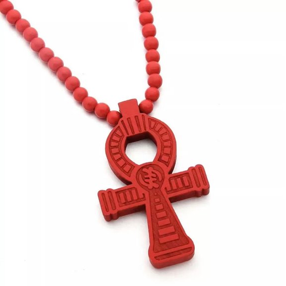 GKNET Mens Large Red Egyptian Ankh Cross Pedant Necklace Wooden Delicate Jewelry Ball Chain 35"