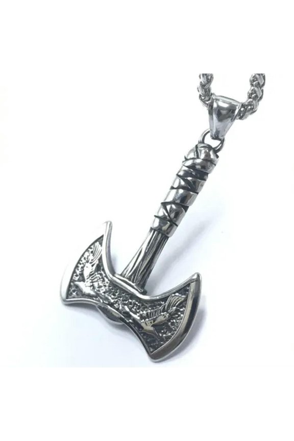 Mens Nordic Viking Raven Axe Pendant Necklace Delicate Jewelry Men Stainless Steel-Silver
