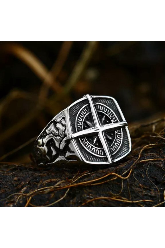 Mens Nordic Viking Rune Vegvisir Compass Ring Stainless Steel Size 7-13-D-11