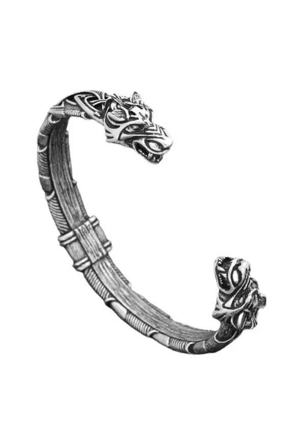 Mens Norse Viking Arm Ring Fenrir Wolf Head Cuff Bangle Bracelet