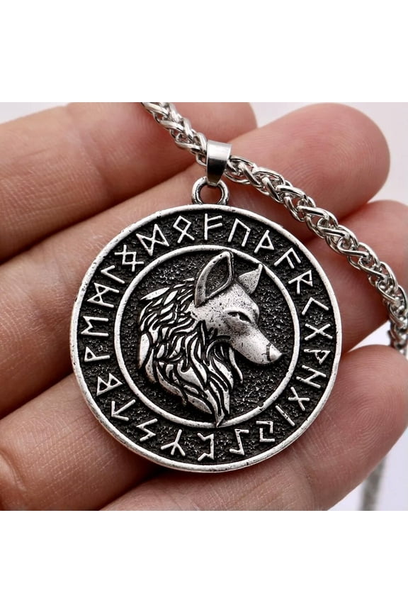 Mens Norse Viking Runes Coin Animal Wolf Amulet Pendant Necklace Antiqued Silver