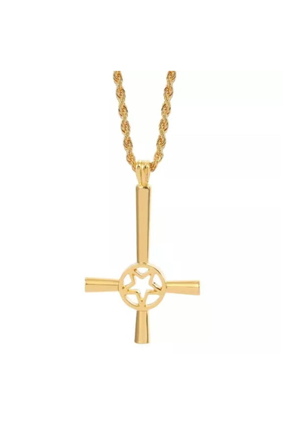 Mens Pagan Wiccan Inverted Upside Down Cross Pendant Necklace Silver Gold Black -Gold