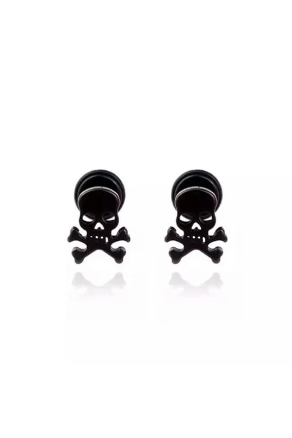Mens Punk Retro Pirate Skull and crossbones Ear Stud Earrings Surgical Steel-Black