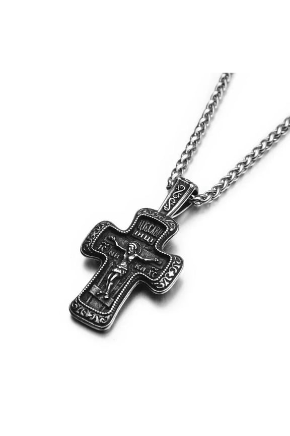Mens Russian Orthodox Crucifix Cross Pendant Necklace Stainless Steel Men