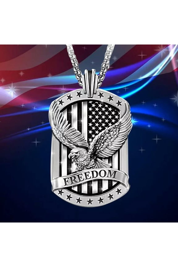 Mens Silver Bald Eagle w. American Flag Pendant Necklace Punk Rock Delicate Jewelry 24"