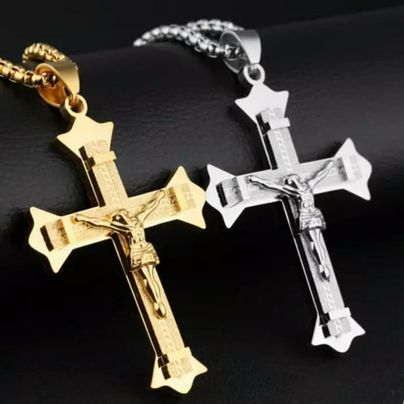 GKNET Mens Silver Gold Large Triple Layer Jesus Christ Crucifix Cross Pendant Necklace-Silver