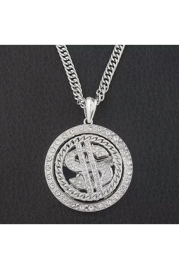 Mens Silver Large CZ Dollar Pendant Necklace Punk Hip Hop Rock Delicate Jewelry Chain 28"