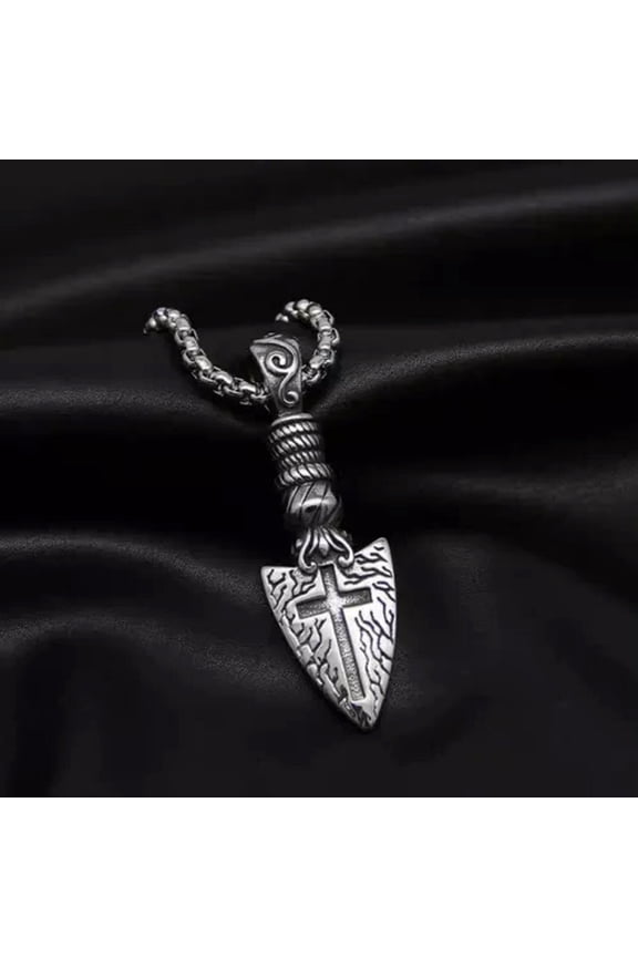 Mens Silver Spear Cross Pendant Necklace Punk Biker Delicate Jewelry Stainless Steel 24"-Pendant + Box Chain