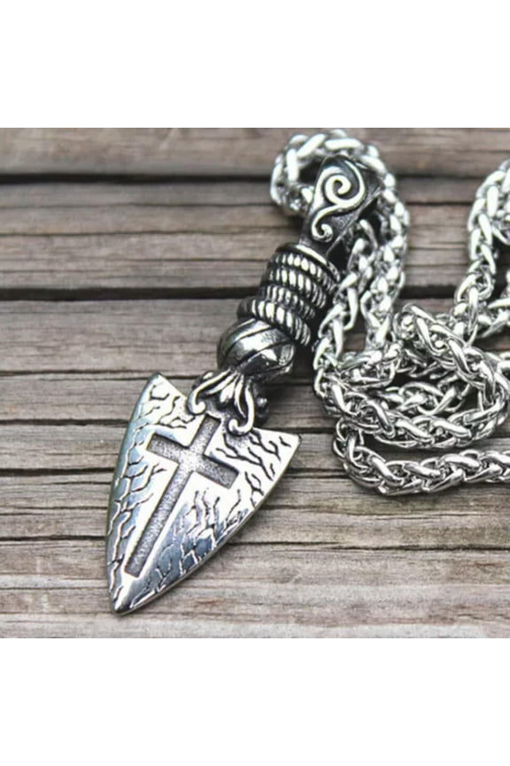 Mens Silver Spear Cross Pendant Necklace Punk Biker Delicate Jewelry Stainless Steel 24"-Pendant + Braided Chain