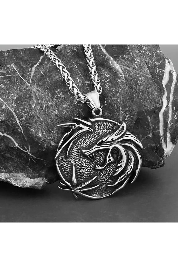 Mens Silver Witcher Wolf Pendant Necklace Punk Biker Delicate Jewelry Stainless Steel 24"
