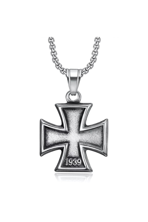 Mens Stainless Steel 1813 1939 WW2 German Iron Cross Pendant Necklace Silver