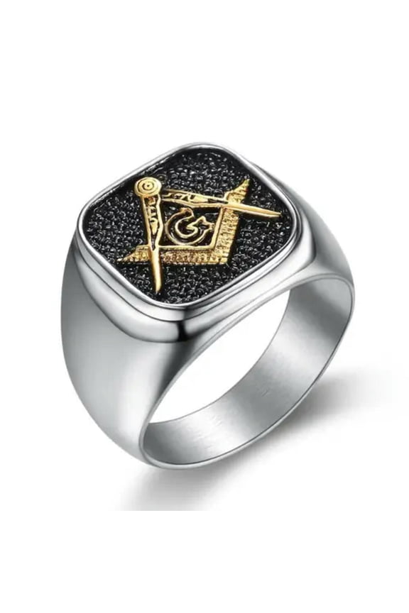 Mens Stainless Steel Gold Freemason Masonic Lodge Ring Silver Size 7-15-8