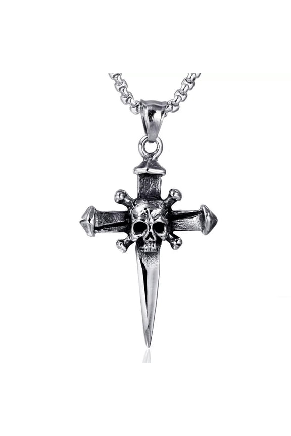 Mens Stainless Steel Gothic Biker Skull Cross Pendant Necklace For Men-default